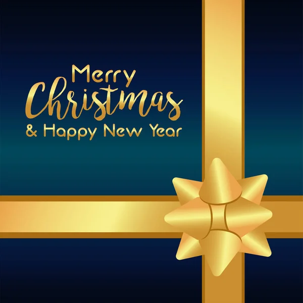 Feliz Navidad y feliz año nuevo tarjeta de letras con cinta de lazo de oro — Vector de stock