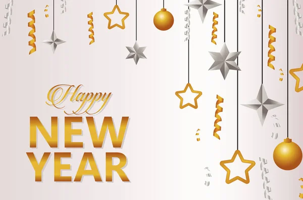 Ευτυχισμένο το νέο έτος επιστολόχαρτα κάρτα με μπάλες και αστέρια — Διανυσματικό Αρχείο