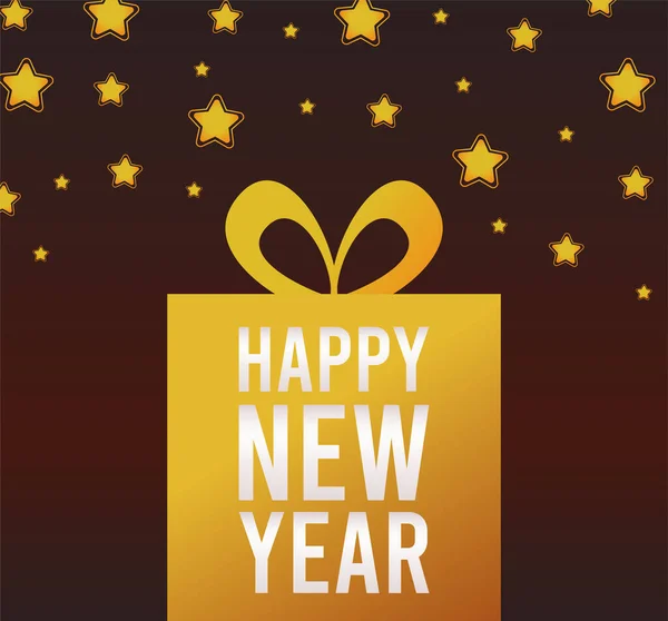 Boldog új évet levelező kártya arany csillagok és ajándék — Stock Vector