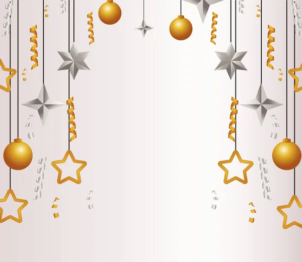 Feliz tarjeta de Navidad feliz con estrellas y bolas de oro y plata — Vector de stock