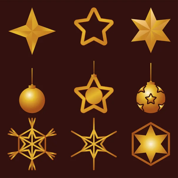 Bündel aus neun goldenen Sternen und Kugeln frohe Weihnachten Set Ikonen — Stockvektor