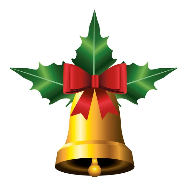 Feliz Navidad campana de oro con hojas y arco icono — Vector de stock