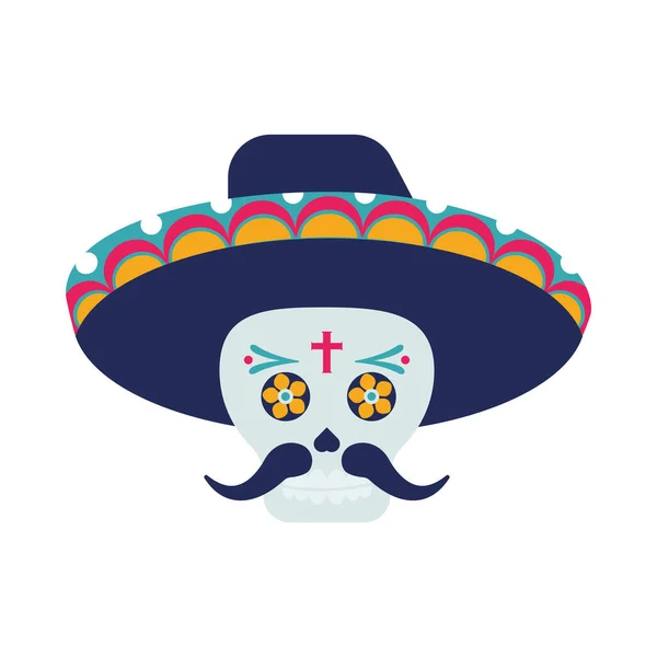 Traditionelle mexikanische Mariachi Totenkopf mit Hut und Schnurrbart Charakter — Stockvektor