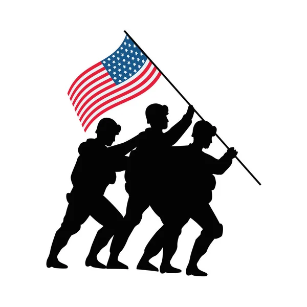 Soldater med Amerikas förenta stater flagga i pol — Stock vektor