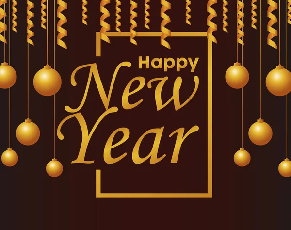 Szczęśliwego Nowego Roku kartka z liter złote kulki wiszące — Wektor stockowy