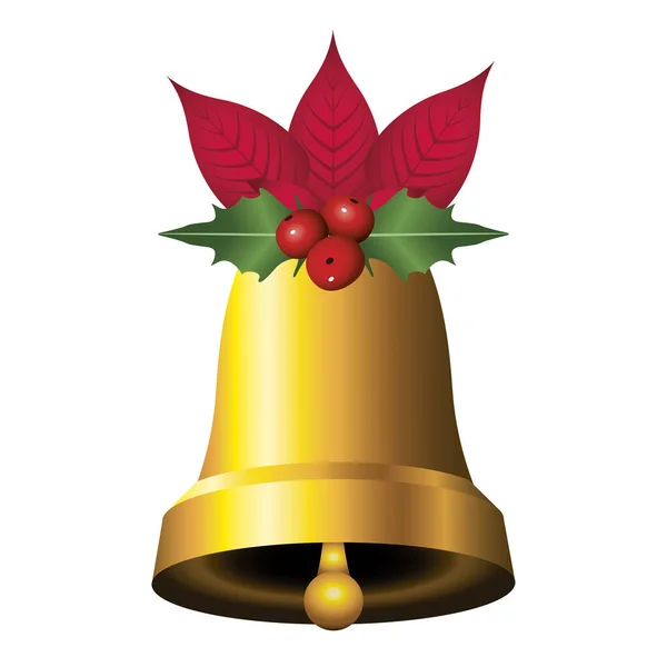 Buon Natale campana d'oro con foglie e fiocco — Vettoriale Stock