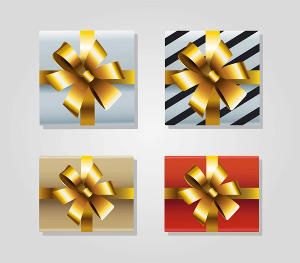 Set of four merry christmas gifts with golden bows icons — Stock Vector