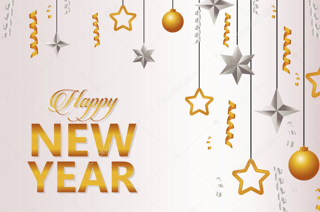 happy new year lettering card with balls and stars