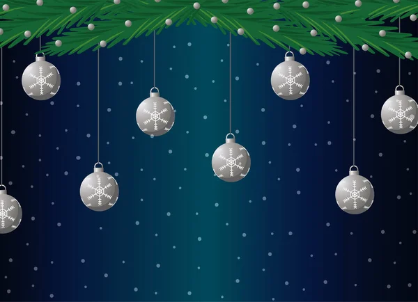 Feliz feliz feliz navidad hojas y bolas de plata colgando — Vector de stock