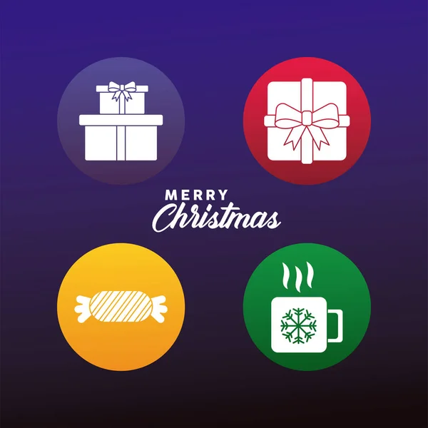Feliz natal feliz letras e quatro ícones conjunto — Vetor de Stock