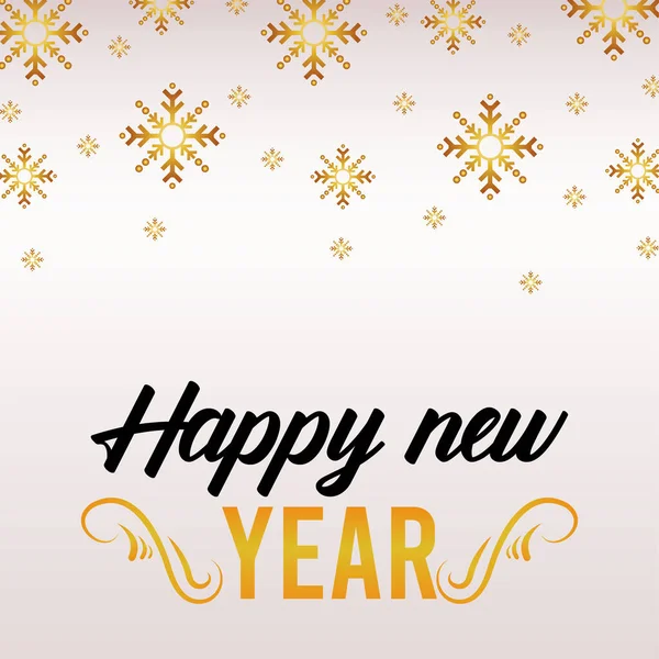 Feliz ano novo lettering cartão com flocos de neve dourados — Vetor de Stock