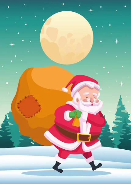 Cute santa claus with giftbag at night scene — Stock Vector