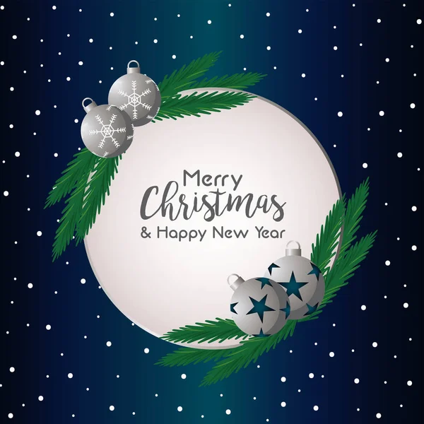 Feliz Navidad y feliz año nuevo tarjeta de letras con bolas de plata — Vector de stock