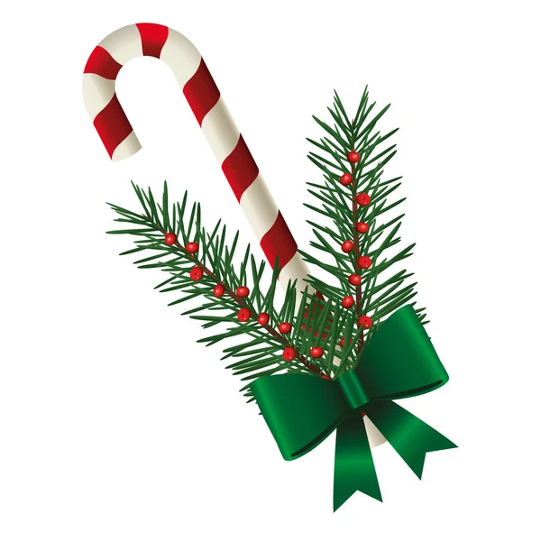 Buon Natale dolce bastone con abeti e fiocco — Vettoriale Stock