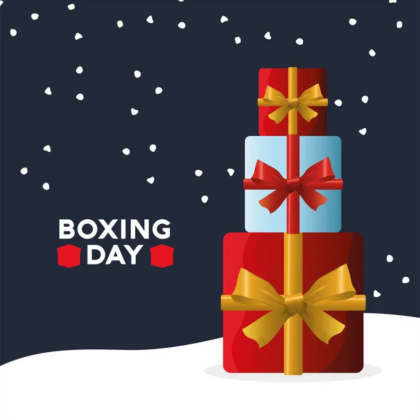 Boxing day sale lettering with pile gifts — Stock Vector