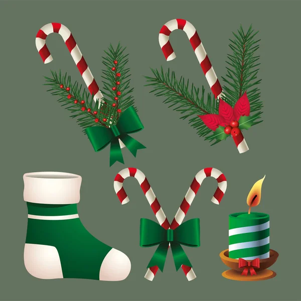 Gelukkig vrolijk kerststokjes en kaars en sok pictogram — Stockvector