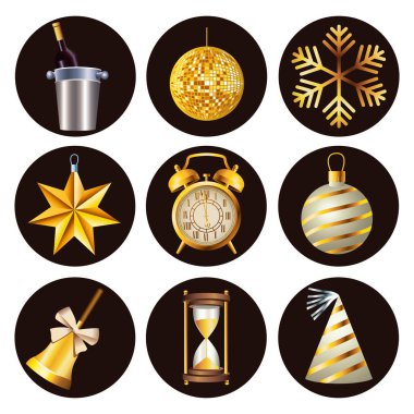 Beyaz arka planda dokuz takım simgelerle mutlu yeni yıl kutlamaları.