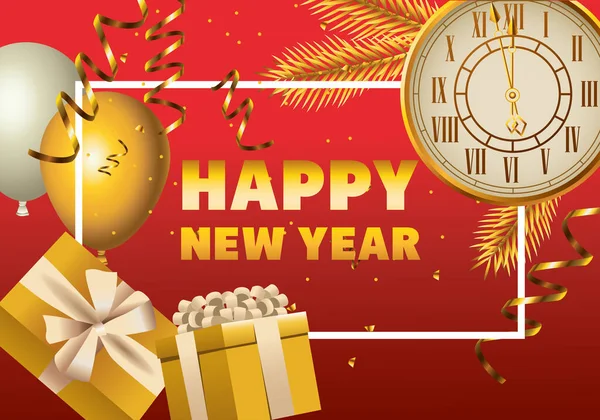 Szczęśliwy nowy rok złoty zegarek z prezentami i balonami hel w kwadratowej ramce — Wektor stockowy
