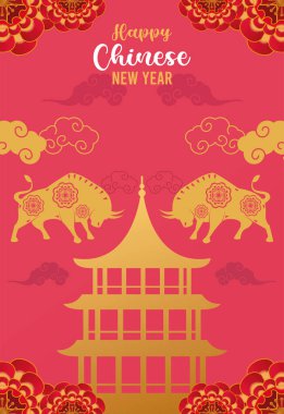 Altın öküzler ve kale siluetleri olan mutlu Çin Yeni Yıl harfi kartları