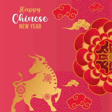 Altın öküz ve kırmızı dantelli mutlu Çin yılbaşı kartı