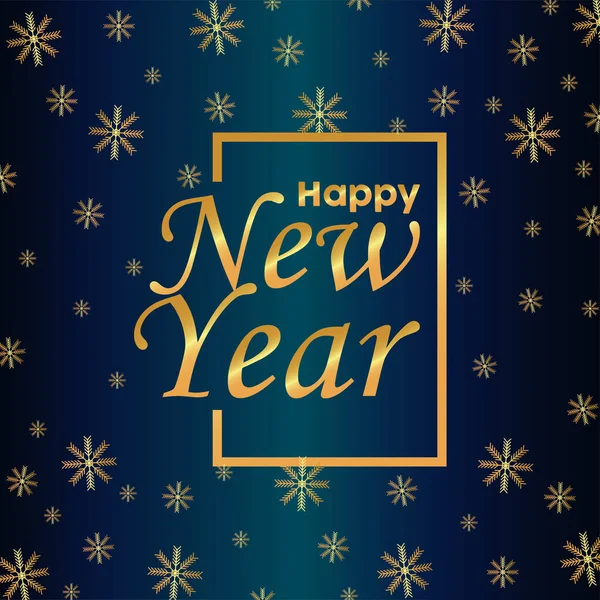 Šťastný nový rok nápis zlatá karta s vločkami ve čtvercovém rámečku — Stockový vektor