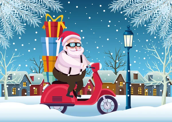 Mignon Père Noël claus avec cadeaux dans la scène de moto — Image vectorielle