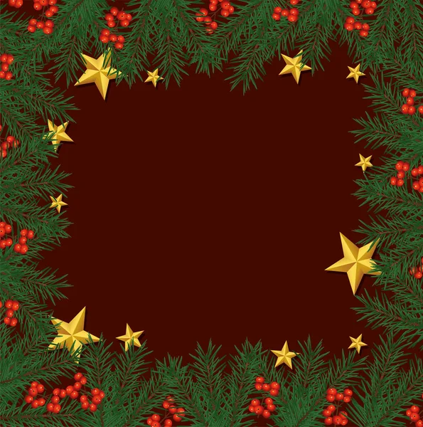 Joyeux cadre de Noël avec étoiles dorées et feuilles — Image vectorielle