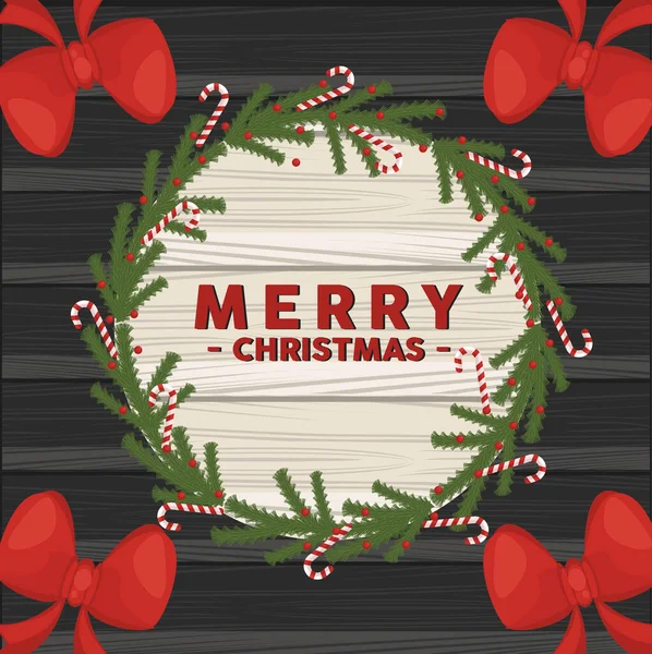 Feliz tarjeta de letras de Navidad feliz con arcos en marco de madera circular — Archivo Imágenes Vectoriales