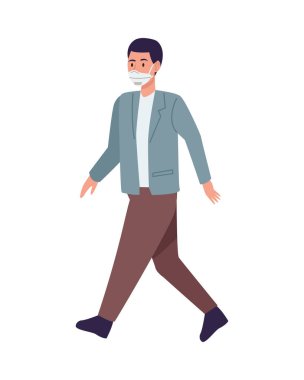 Tıbbi maske takan adam yürüyen karakter.