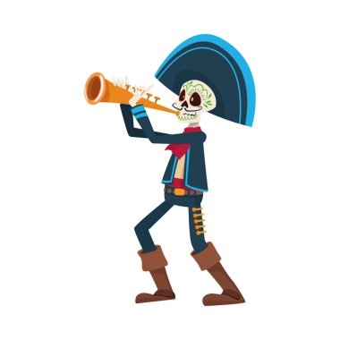 Geleneksel Meksika mariachi kafatası trompet çalıyor.