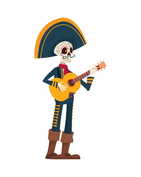 Traditional mexican mariachi skull playing guitar character — Stock Vector