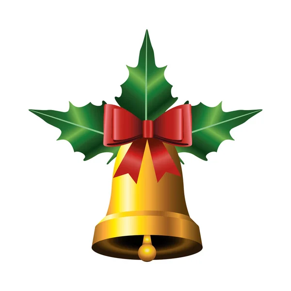 Buon Natale campana d'oro e nastro rosso e foglie — Vettoriale Stock