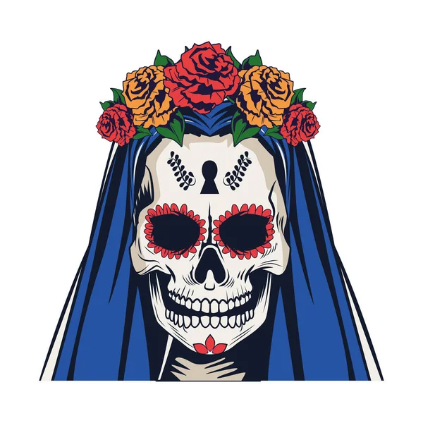 バラと青い髪の頭を持つ伝統的なメキシコのカトリーナの頭蓋骨 — ストックベクタ