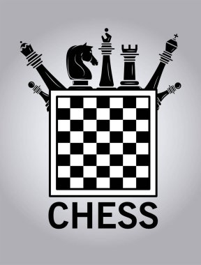 Tahtada ve harflerde siyah satranç taşları grubu