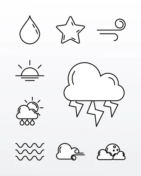 Paquete de nueve iconos de línea de estilo meteorológico — Vector de stock
