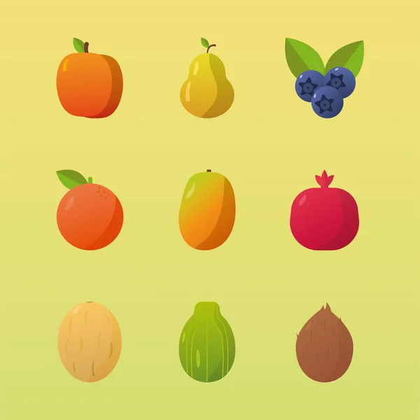 Δέσμη εννέα φρέσκα νόστιμα φρούτα που εικονίδια — Διανυσματικό Αρχείο