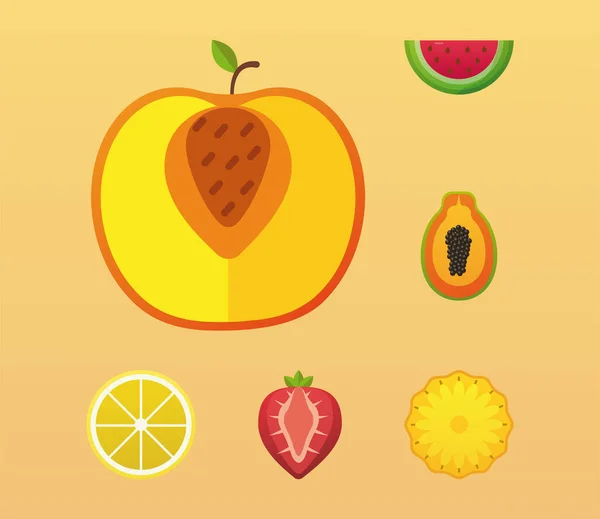 Pêche et paquet de fruits frais délicieux ensemble icônes — Image vectorielle