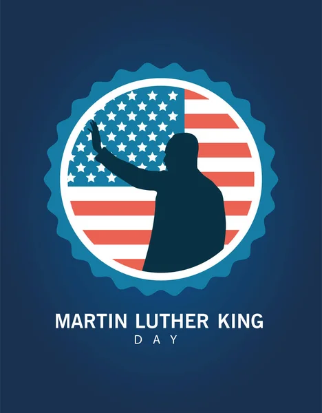 Martin luther rey silueta celebración día con EE.UU. marco de encaje bandera — Vector de stock