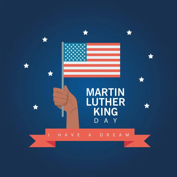 Martin Luther King Day lettrage avec main levant drapeau des Etats-Unis — Image vectorielle