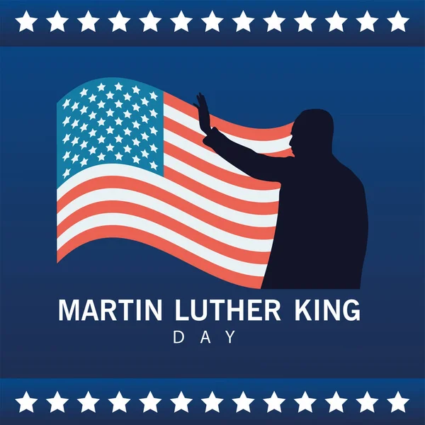 Martin luther rey silueta celebración día con bandera de EE.UU. y estrellas marco — Vector de stock