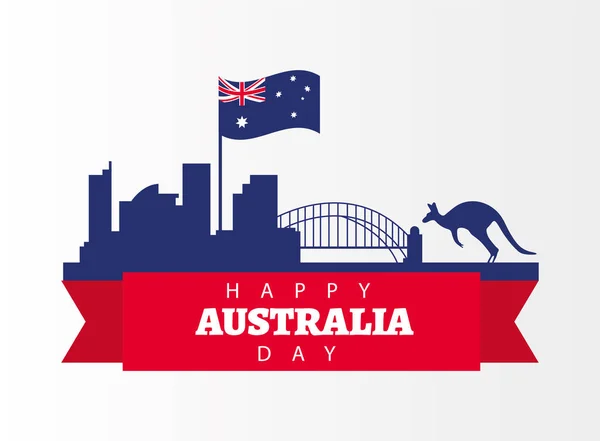 Boldog ausztrál napi betű zászlóval és kenguru tereptárgyak — Stock Vector