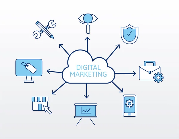 Computação em nuvem e pacote de ícones de conjunto digital de marketing —  Vetores de Stock