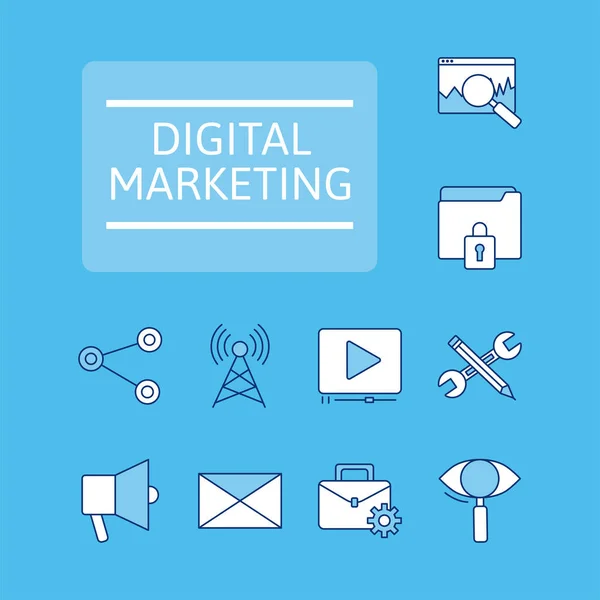 Paquet de dix marketing numérique set icônes et lettrage — Image vectorielle