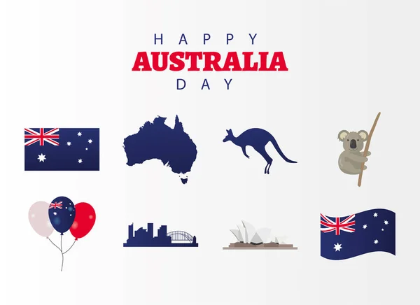 Boldog ausztrál nap betű készlet ikonok fehér háttér — Stock Vector