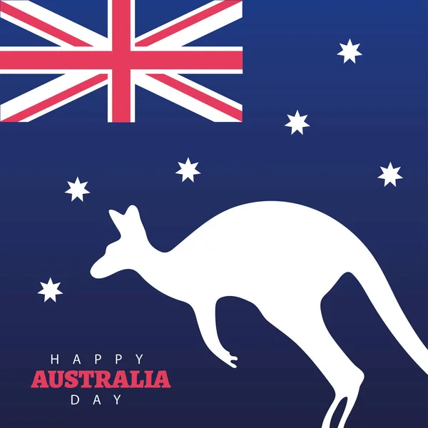 Boldog ausztrál nap betű kenguru sziluett és zászló — Stock Vector