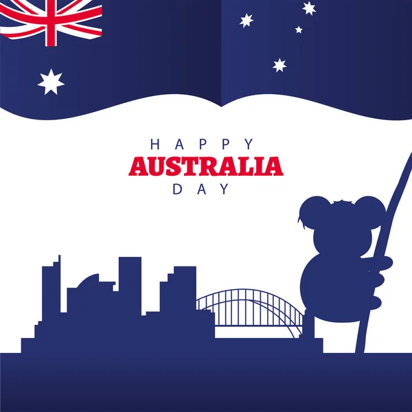 Boldog ausztrál nap betű zászlóval és koala a tereptárgyak — Stock Vector