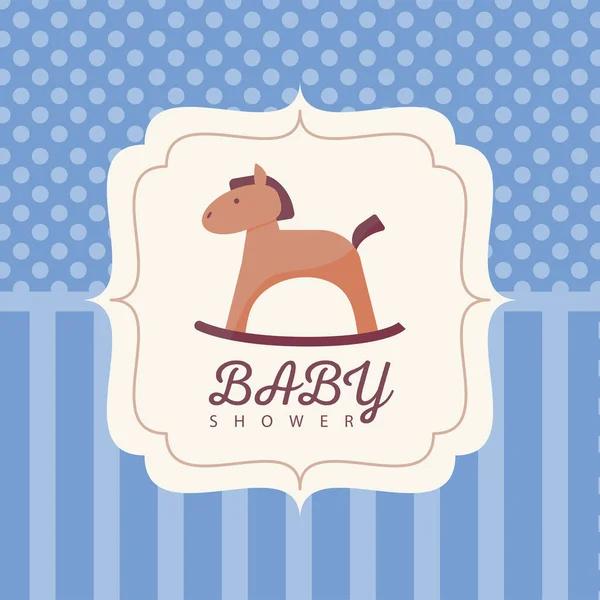 Baby shower card with horse wooden baby toy and lettering in frame — Stock Vector