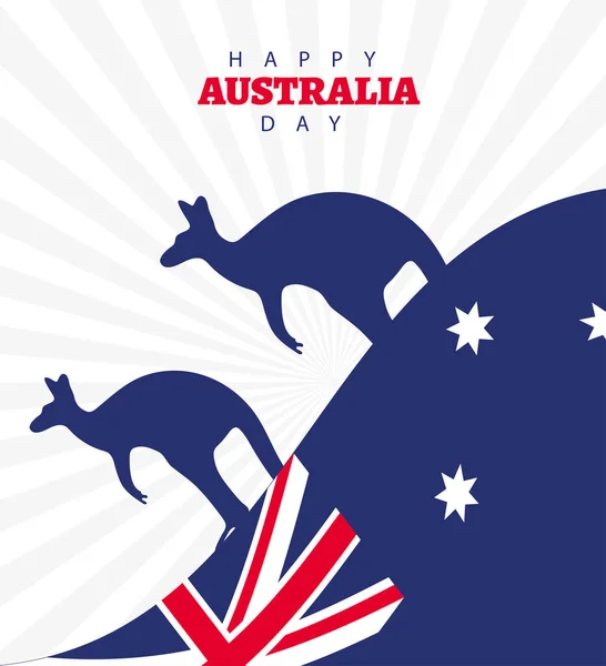 Boldog ausztrál napi betű zászló és kenguruk sziluett — Stock Vector