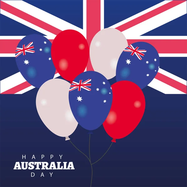 Boldog ausztrál napi betű zászlóval és léggömbökkel hélium — Stock Vector