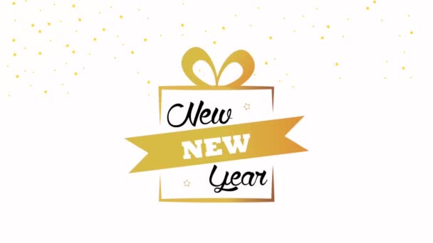 Feliz ano novo lettering cartão de celebração no presente de ouro — Vídeo de Stock